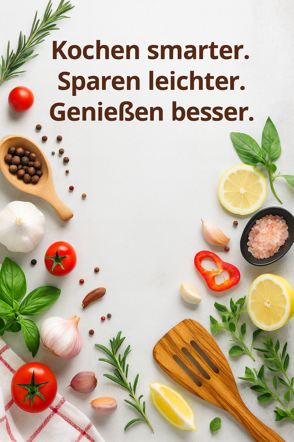   
„Flatlay mit frischen Zutaten wie Tomaten, Knoblauch, Zitronenscheiben, Basilikum, Holzlöffel und Gewürzen auf hellem Untergrund – visuelles Hero-Bild für Koch-Wahn.de  mit Fokus auf Genuss, Natürlichkeit und mediterraner Küche.“